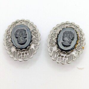 West Germany Black Cameo Silver Tone Filigree Clip-On Earrings 1960s